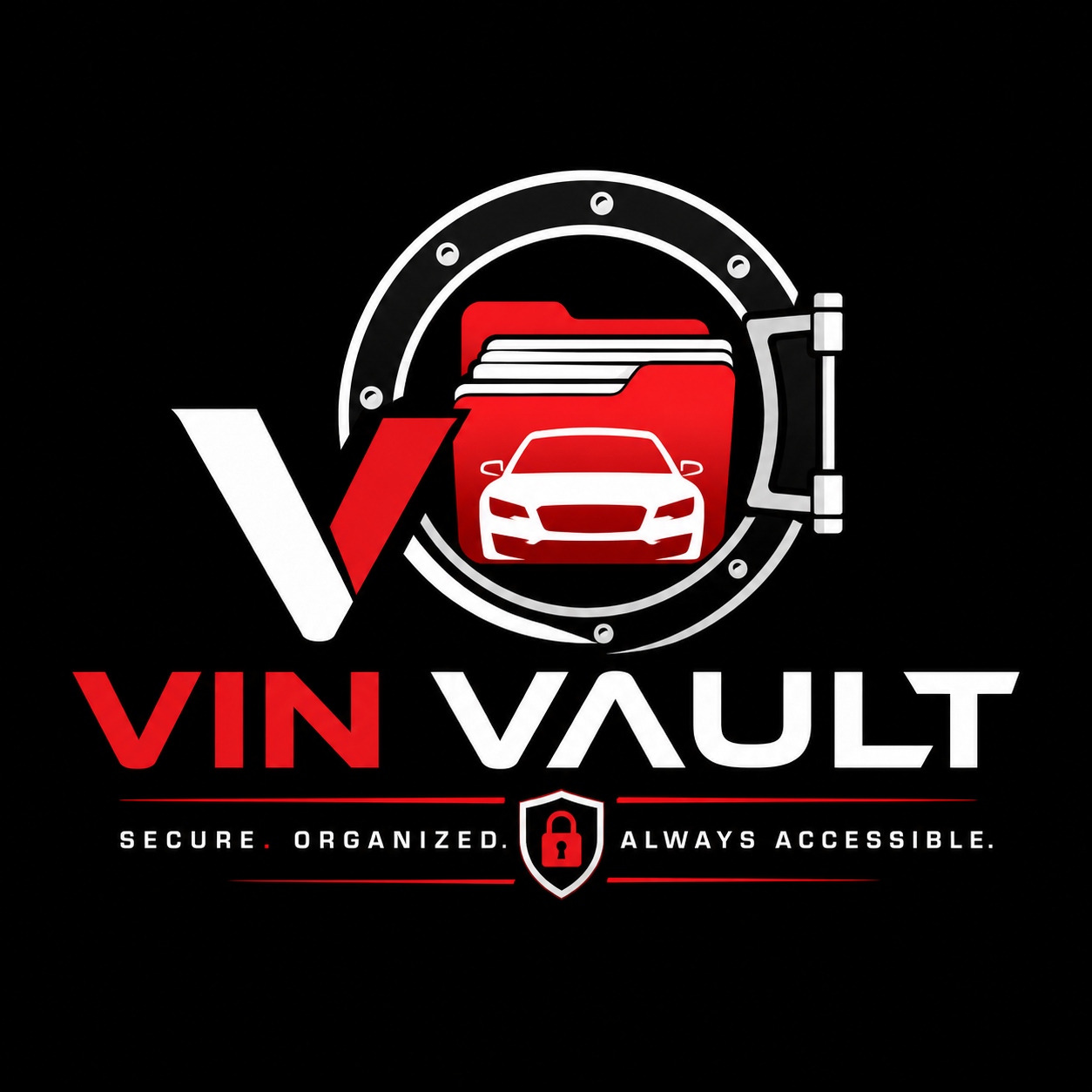 VIN Vault logo featuring a vehicle, document folder, and secure vault